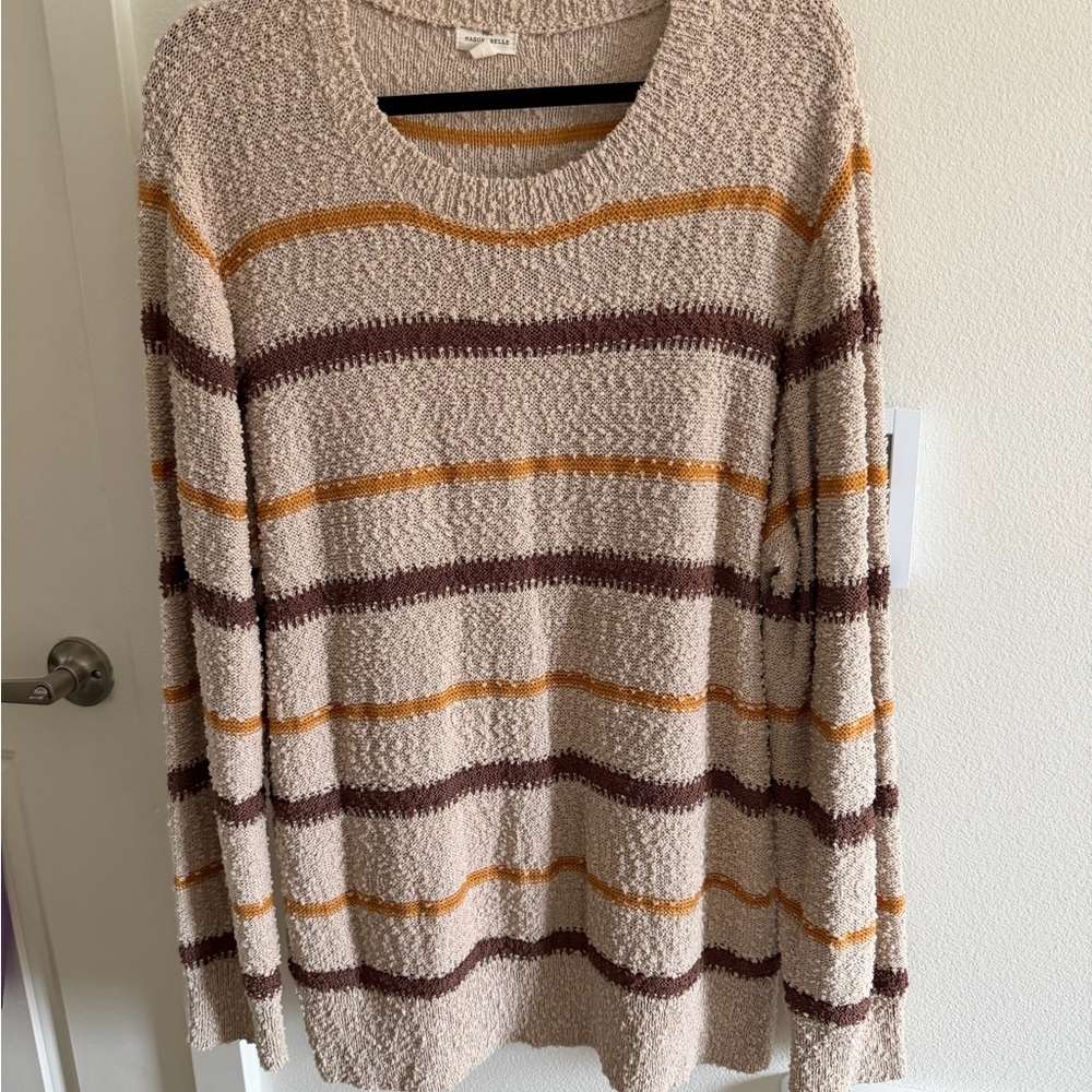 Cozy Striped Crewneck Sweater - Beige with Mustard & Brown Stripes